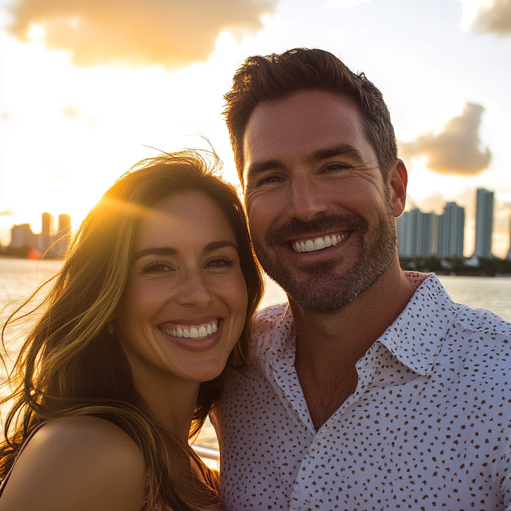 Scenic sunset selfie featuring the glowing Port of Miami skyline.