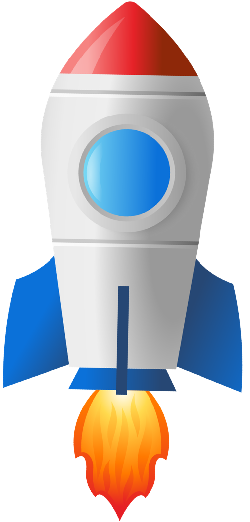 A white rocket with blue wings is flying through the air.