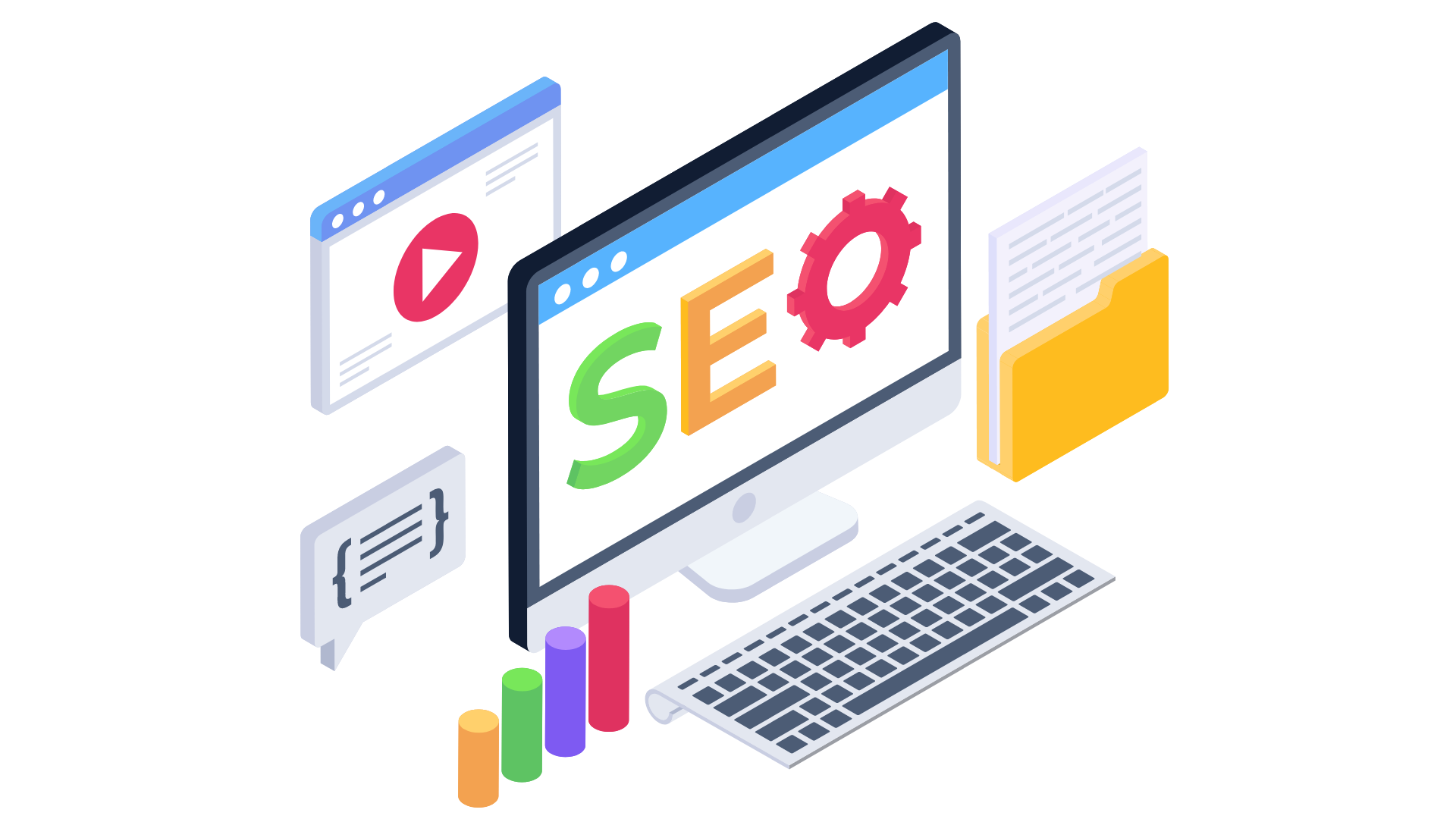 An isometric illustration of a computer with the word seo on the screen.