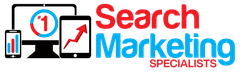 The logo for search marketing specialists shows a computer , tablet , and cell phone.
