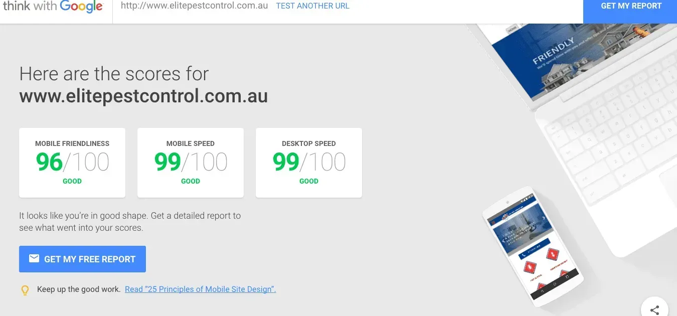 A screenshot of a website that says here are the scores for www.elitepestcontrol.com.au