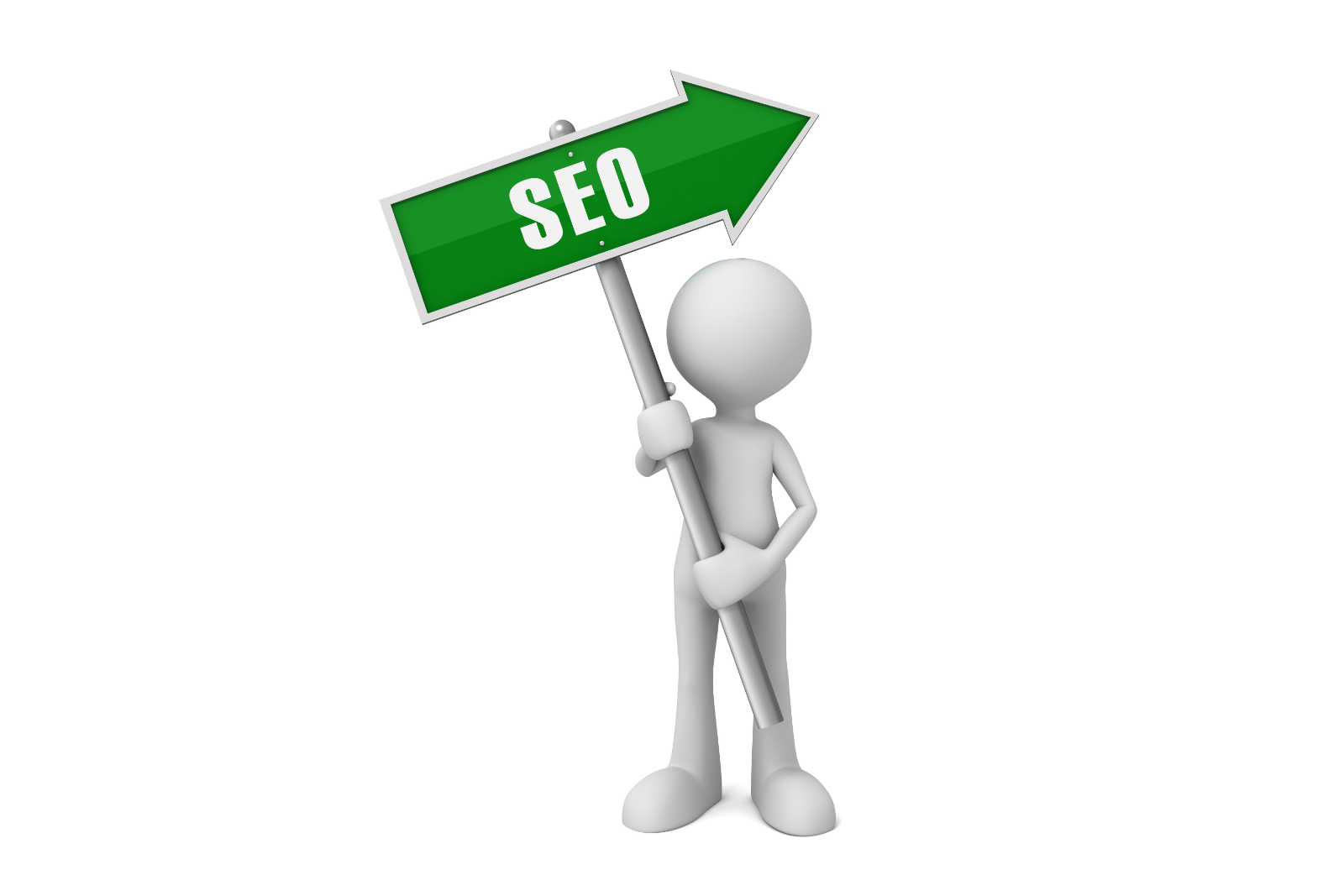 A 3d man is holding a green sign that says seo.