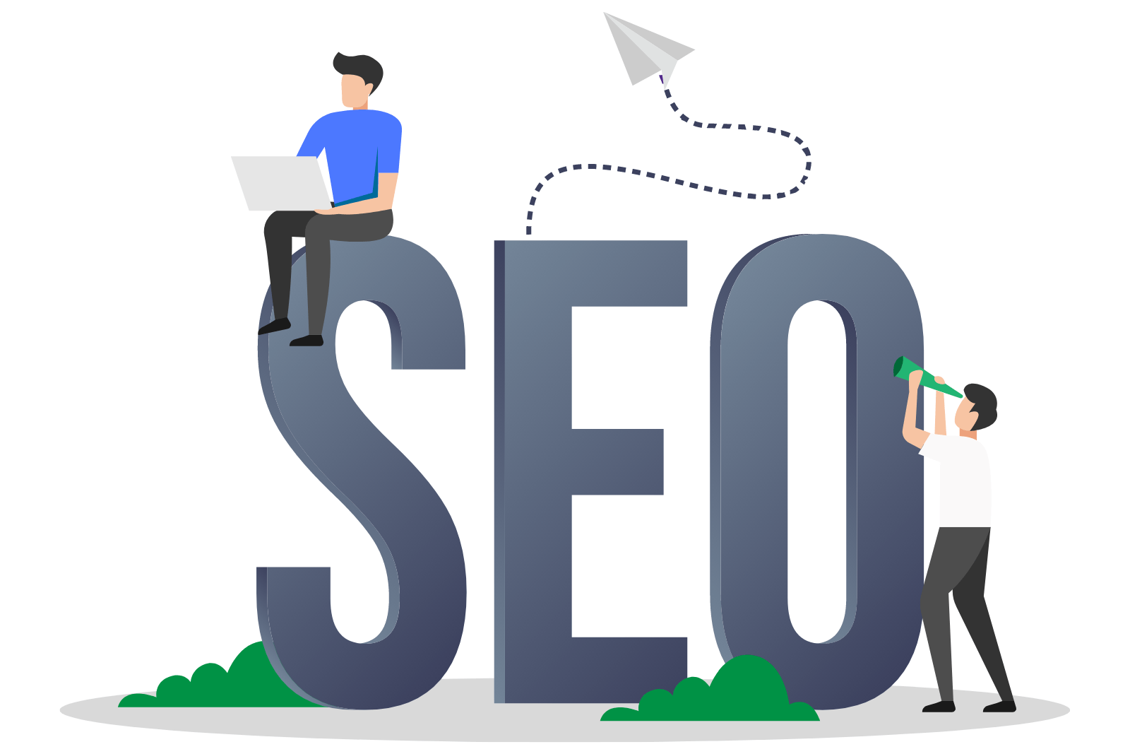 A man is sitting on top of a large seo sign.