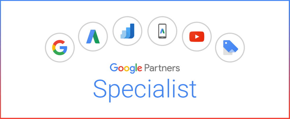 A google partners specialist logo with icons on a white background.