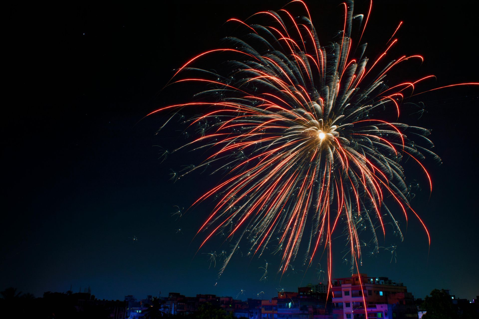 A fireworks display is going off in the night sky