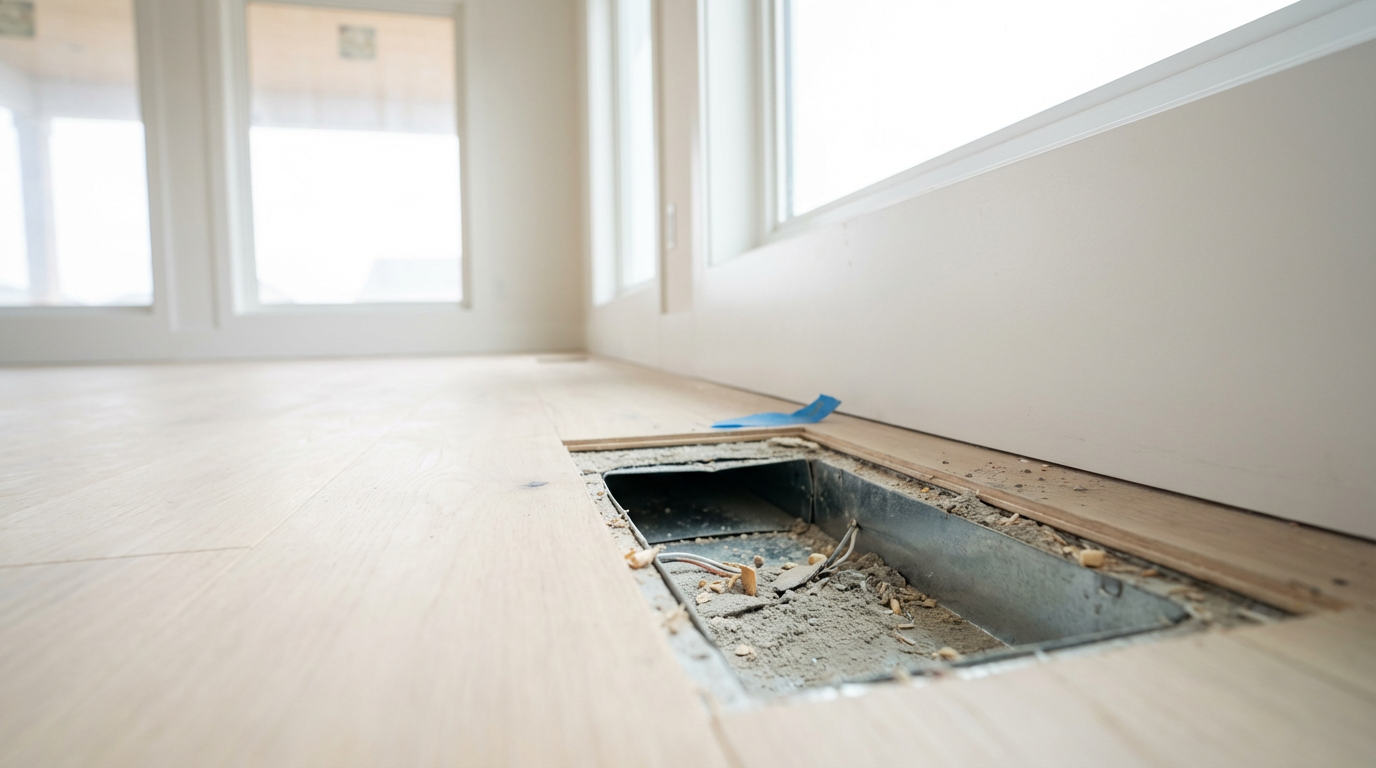 Conduit de ventilation au sol dans une maison neuve avec accumulation de poussière de construction