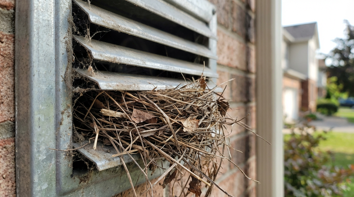 Nid d’oiseau bloquant une sortie extérieure de conduit de ventilation résidentiel sur mur de maison