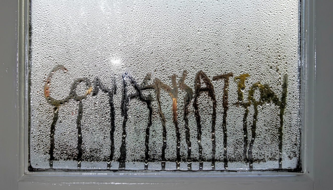 Fenêtre résidentielle couverte de condensation en hiver avec le mot condensation écrit dans la buée