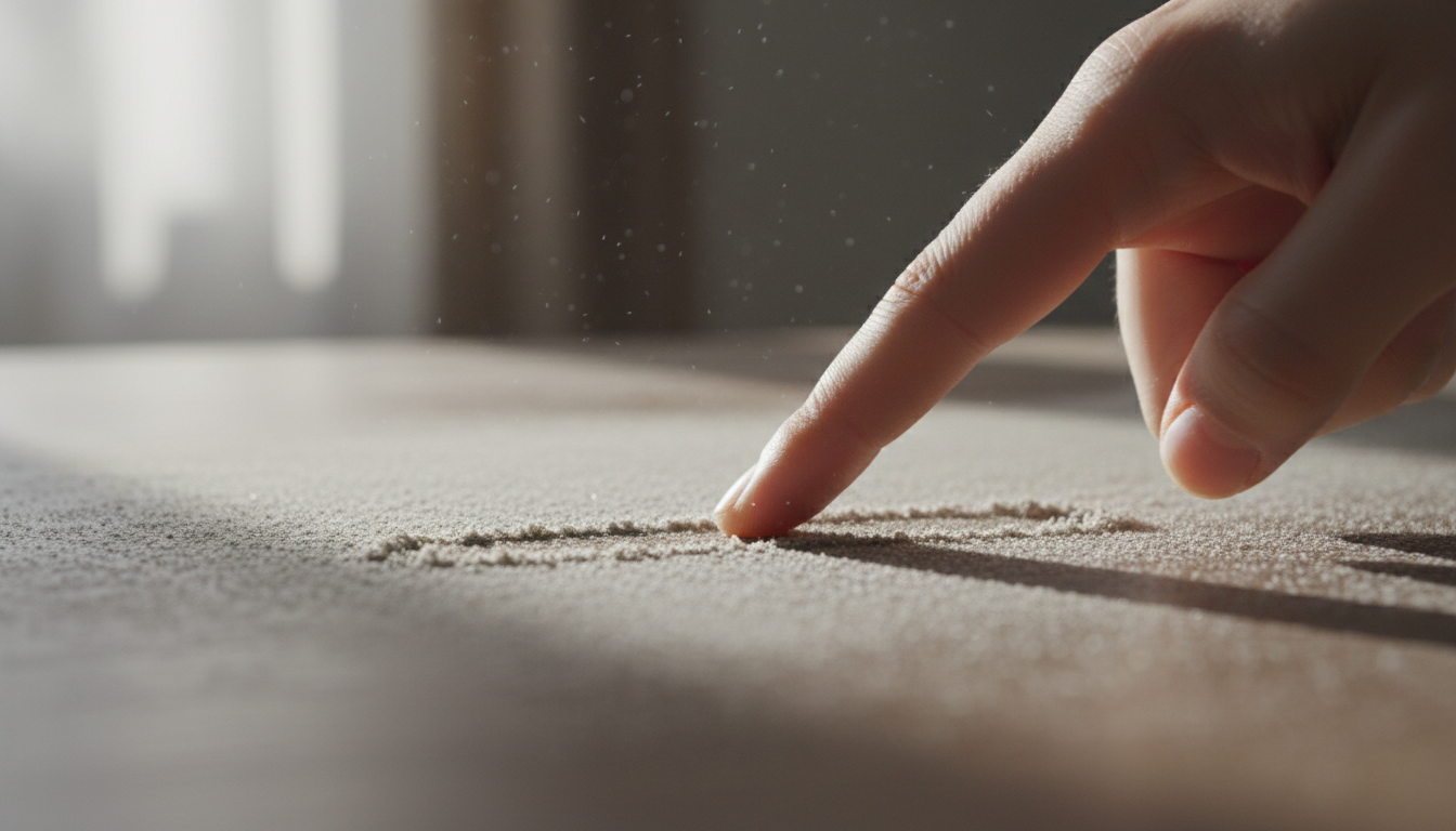 Doigt traçant une ligne dans une accumulation de poussière sur un meuble en bois