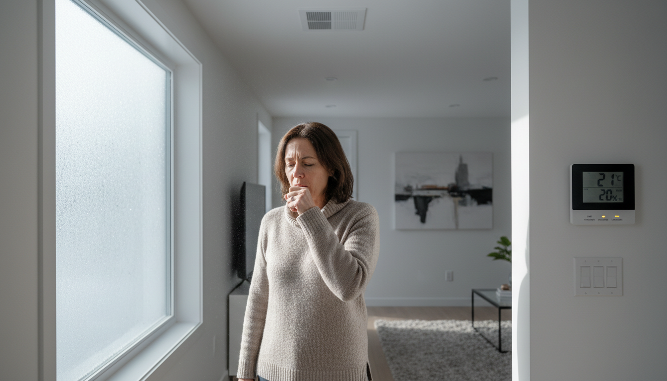Personne toussant près d’une fenêtre en hiver illustrant un problème d’air sec et de ventilation 