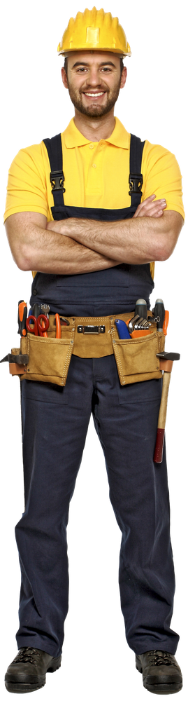 A construction worker in a yellow hard hat, smiling with arms crossed, wearing a yellow shirt and navy overalls.