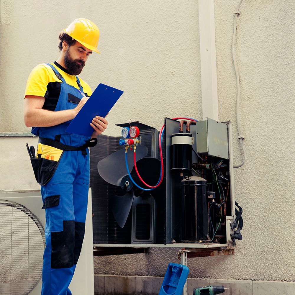 HVAC technician in yellow hard hat and blue overalls inspecting outdoor unit, taking notes.