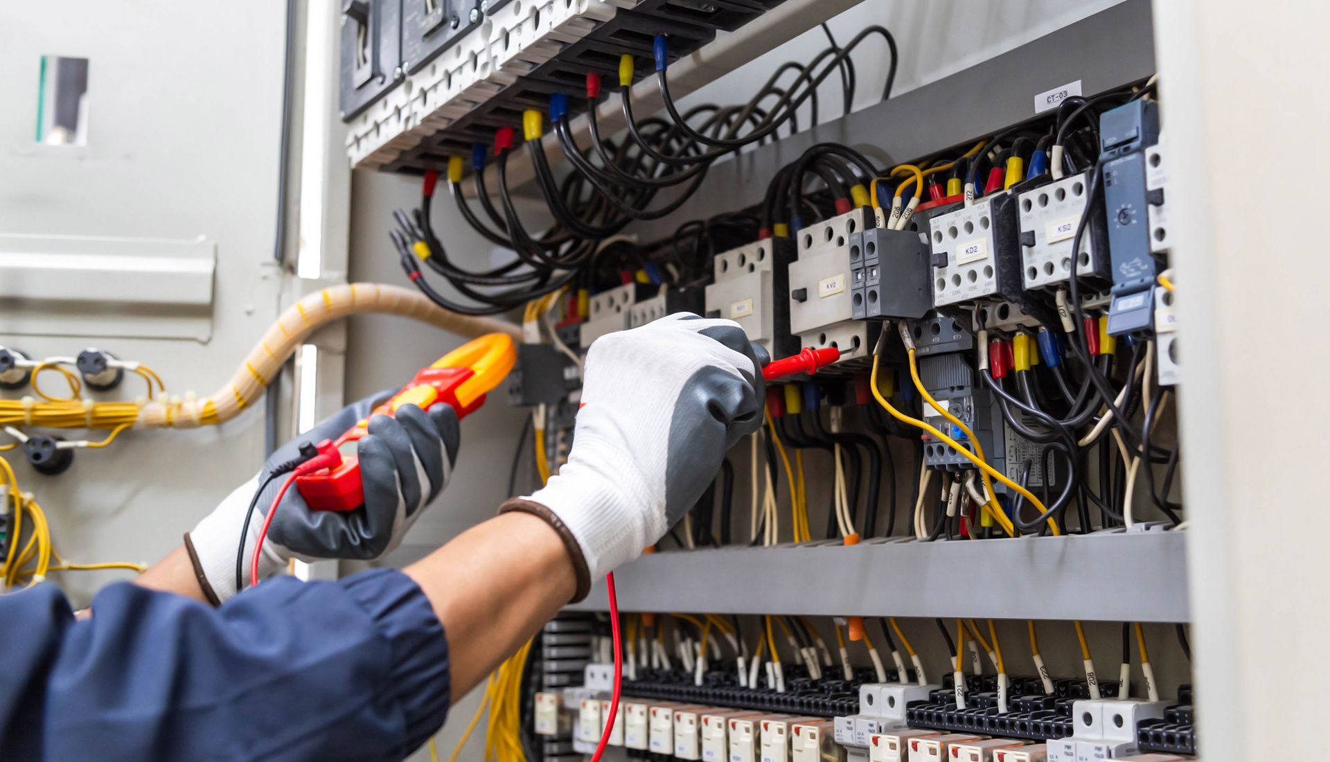 A person wearing gloves testing wires in a control panel with a multimeter. They are in a commercial setting.