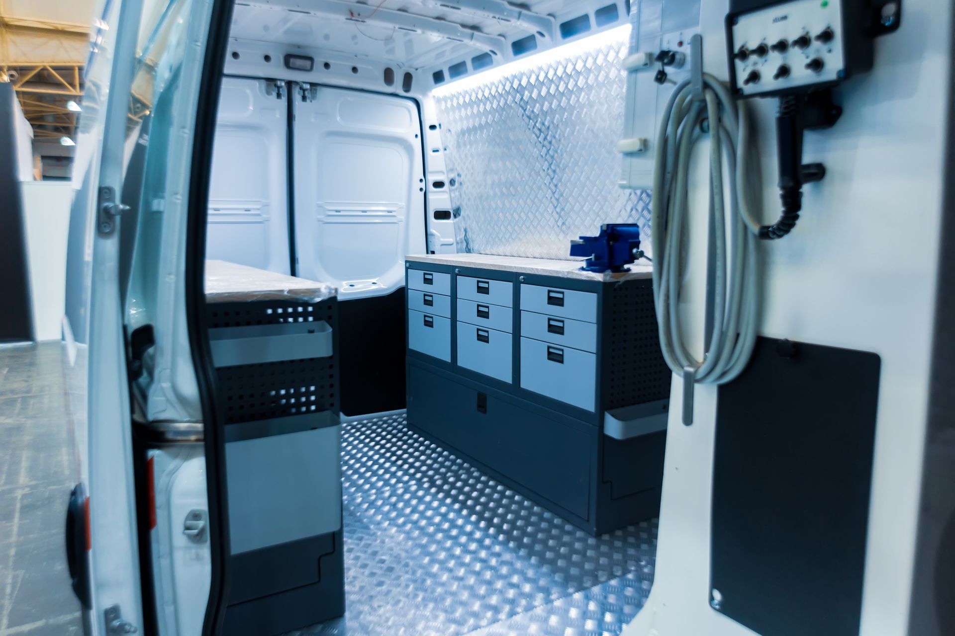 Interior of the workers' van.