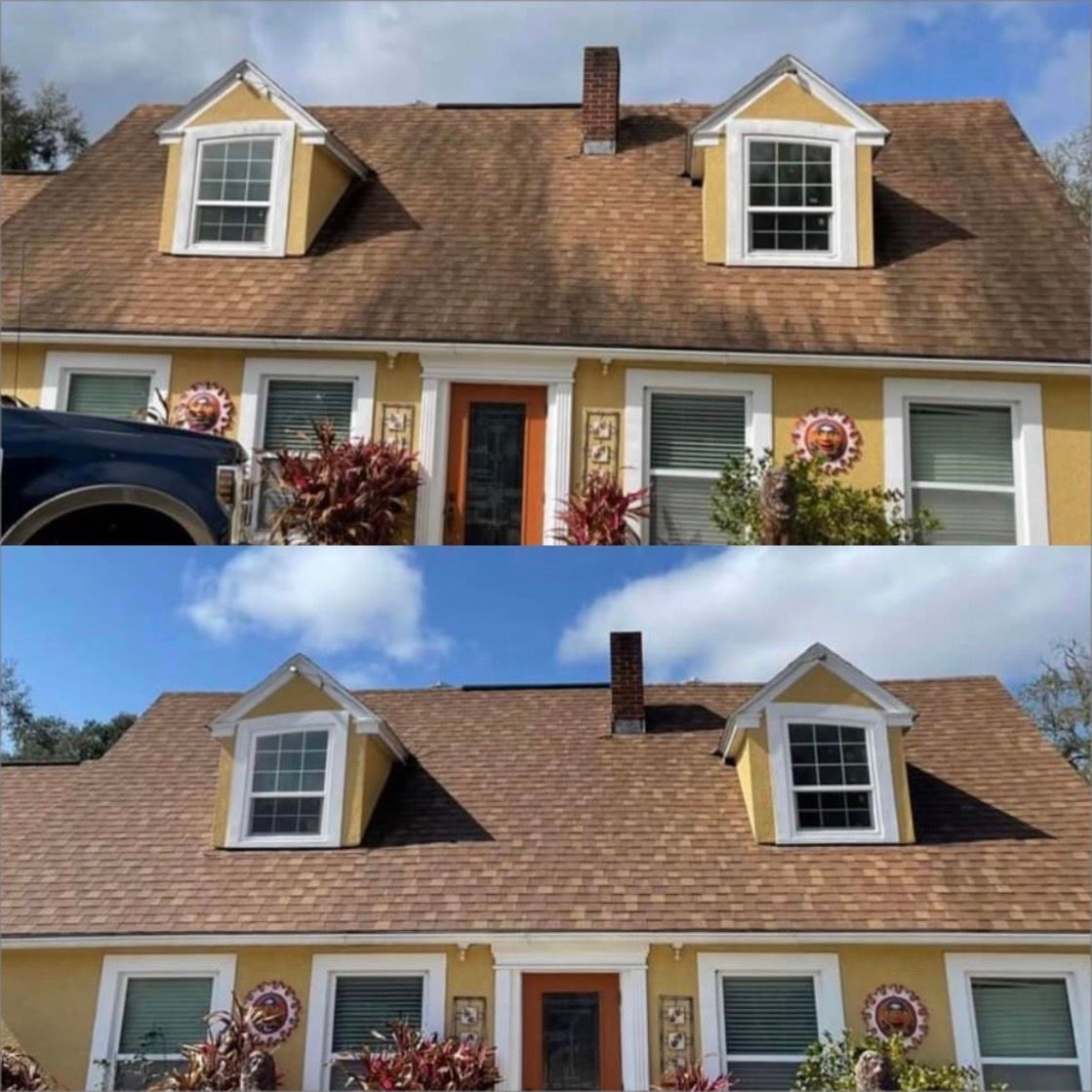 Before-and-after view of a beige house with a tan shingle roof and dormer windows.