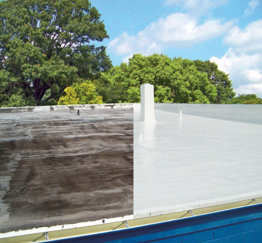 Rooftop with dark wood panels on left and white membrane roofing on right, trees in background