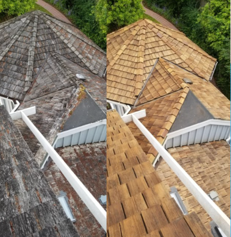 Roofing comparison: old gray shingles beside new tan shingles on a steep house roof.