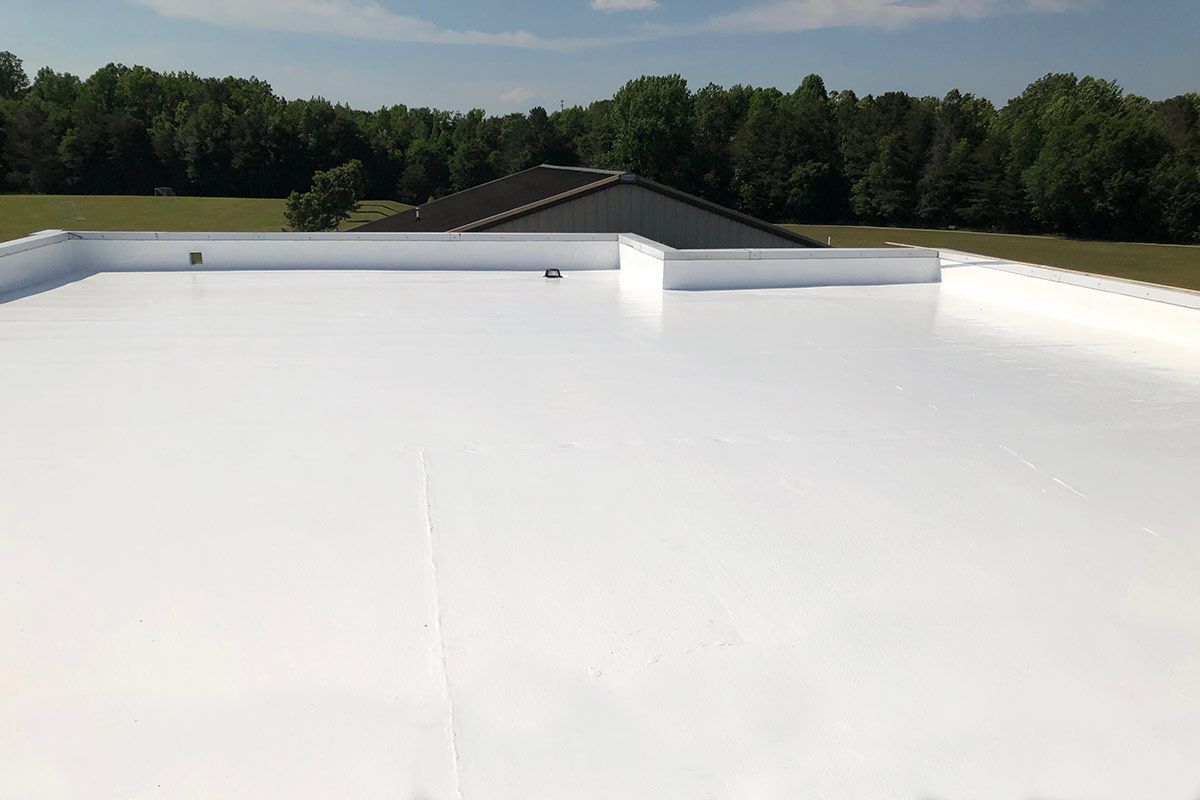 White flat rooftop with low walls under a blue sky, trees in the distance.