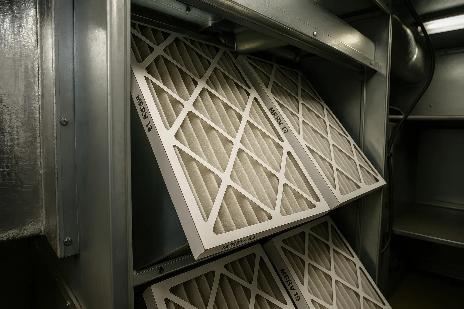 HVAC air filters installed in a metal duct.