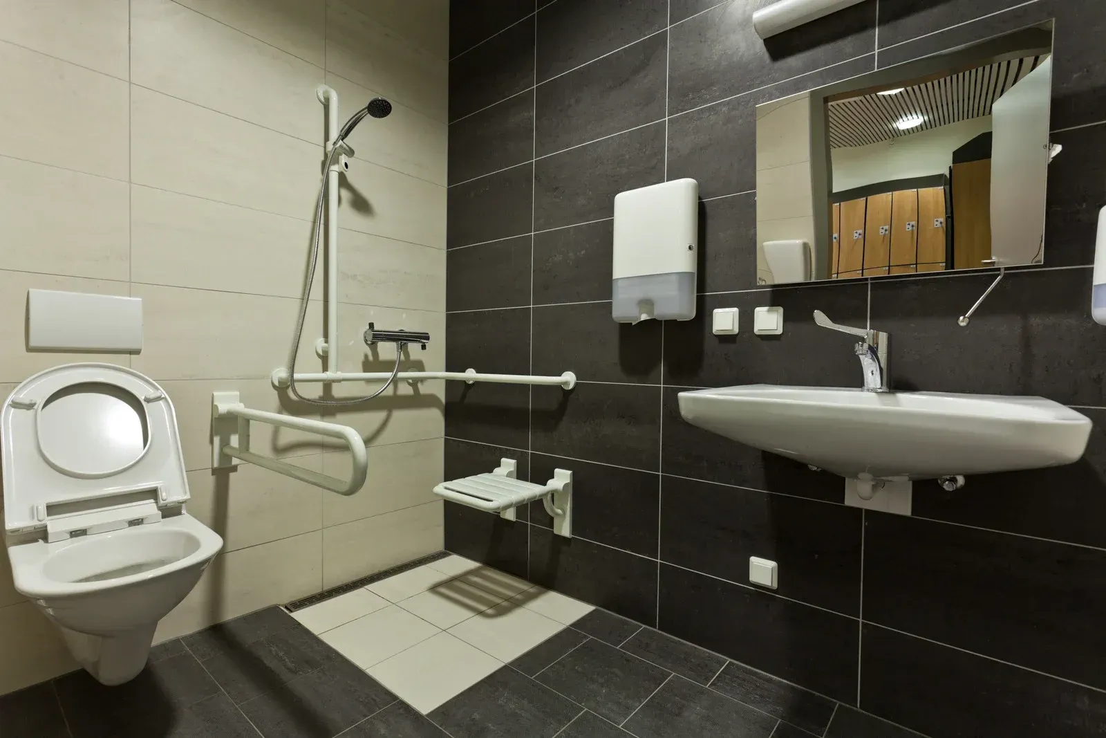 Accessible bathroom with toilet, shower, sink, and safety bars.
