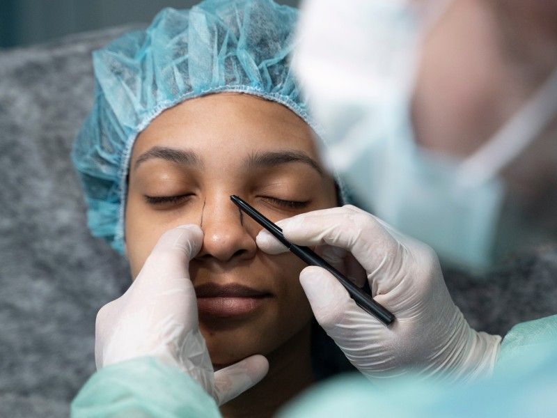 Um cirurgião está examinando o nariz de uma mulher com uma pinça.