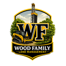 Logo for Wood Family Land Management featuring a drill rig, trees, and a yellow skid steer over a black shield background.
