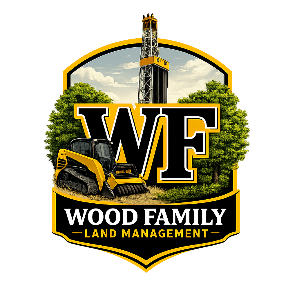 Logo for Wood Family Land Management featuring a drill rig, trees, and a yellow skid steer over a black shield background.