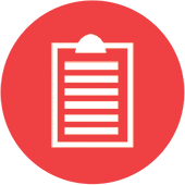 An icon of a clipboard with lines on it in a red circle.