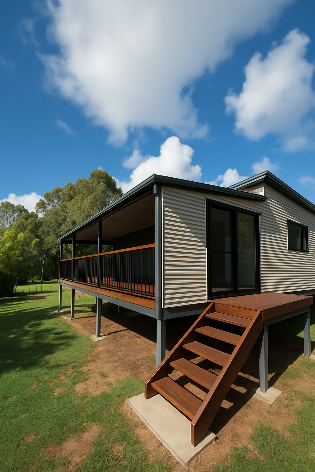 House with porch and stairs, brown and gray — Steel Homes Australia in Branyan, QLD