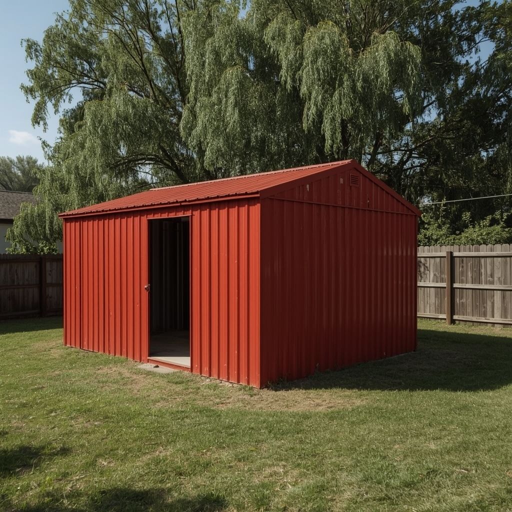 Red metal storage shed with open door, set on grass, backyard setting — Steel Homes Australia in Branyan, QLD