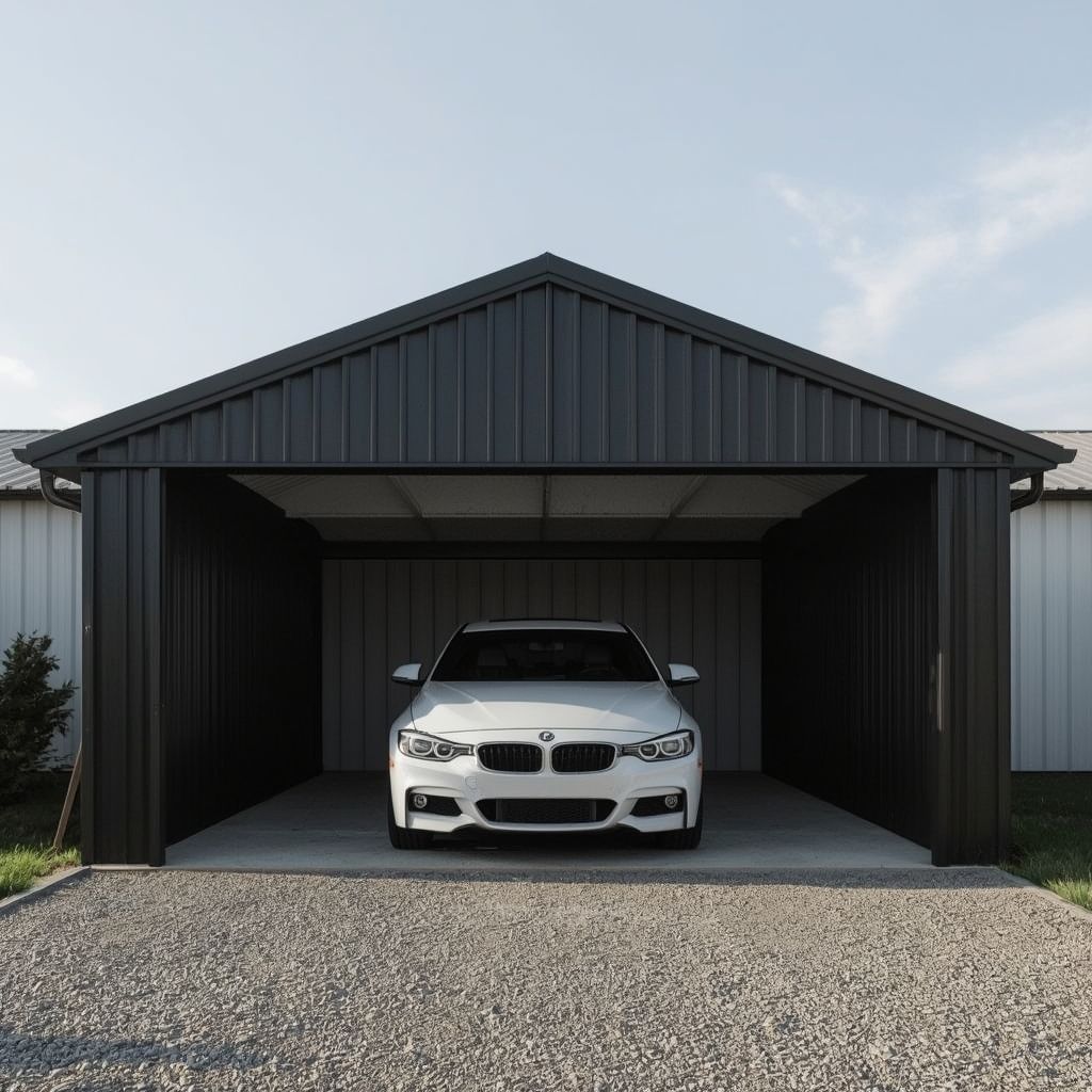 White BMW car parked inside a black metal carport, with a gravel driveway — Steel Homes Australia in Branyan, QLD