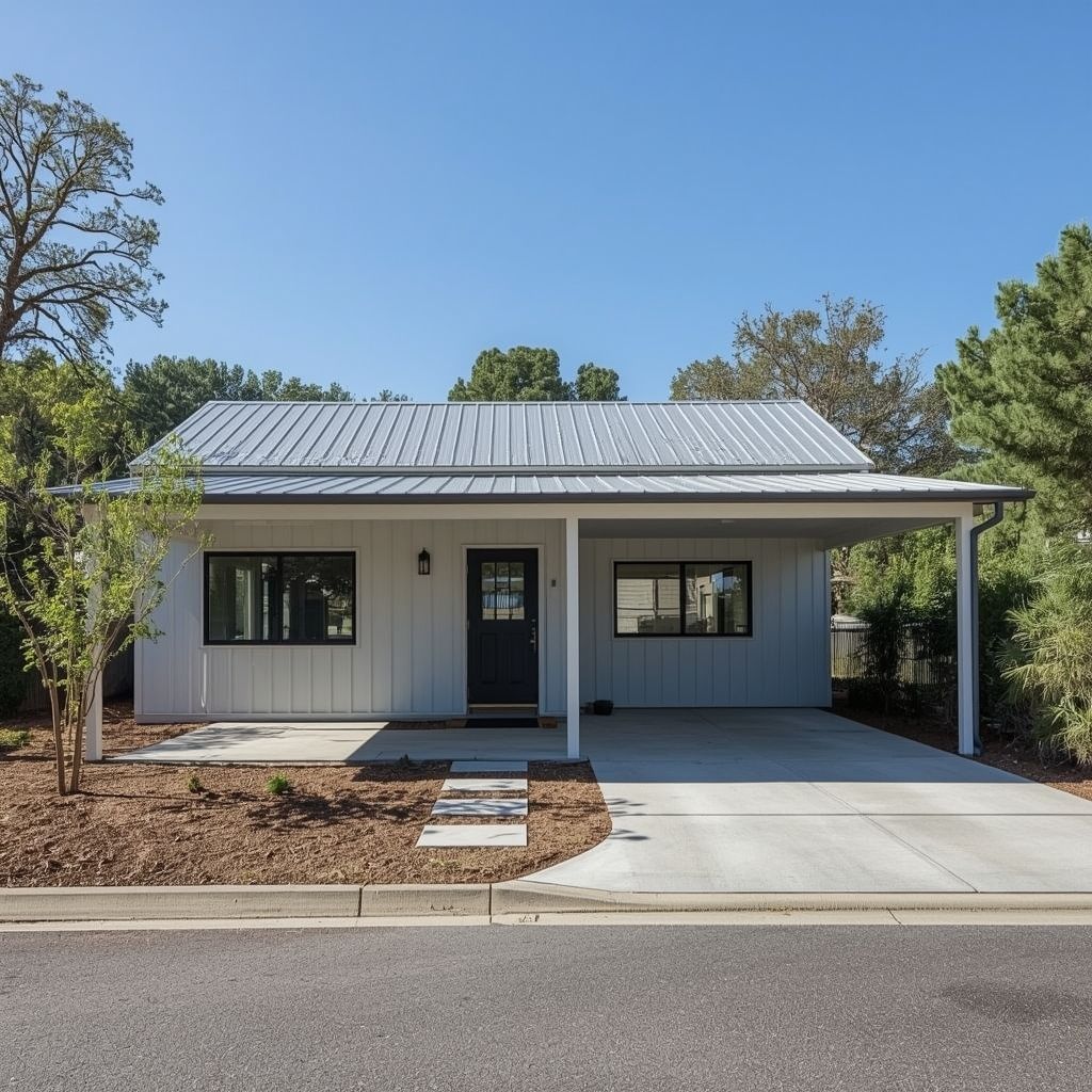 White house with a metal roof, carport, and black trim — Steel Homes Australia in Branyan, QLD