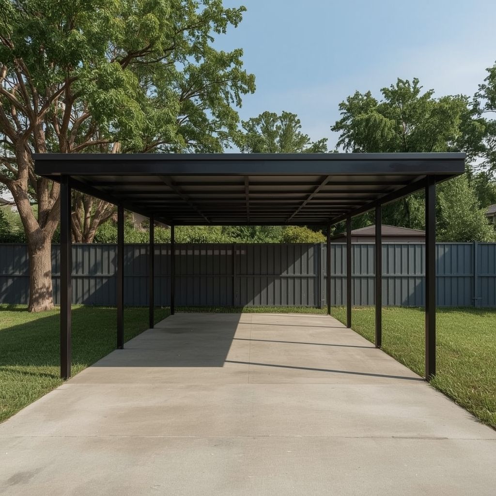 Black carport on concrete driveway, with green trees and a fence in the background — Steel Homes Australia in Gin Gin, QLD