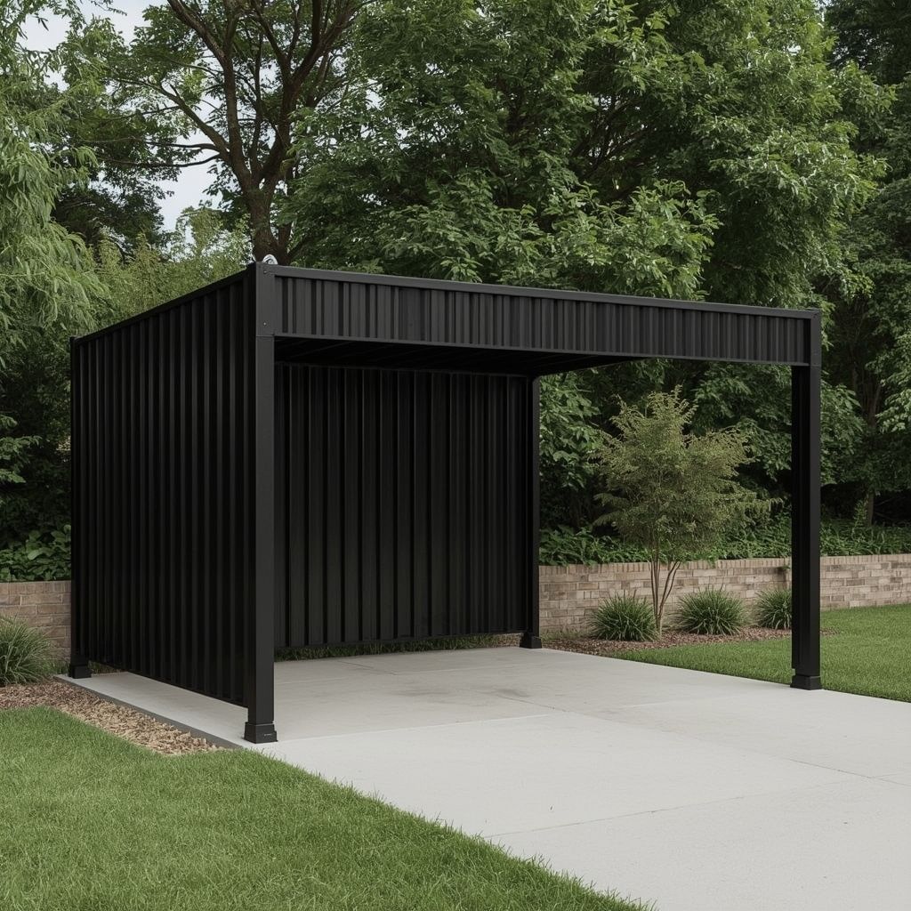 Black metal carport with corrugated walls and roof, on a concrete driveway in a grassy yard — Steel Homes Australia in Branyan, QLD