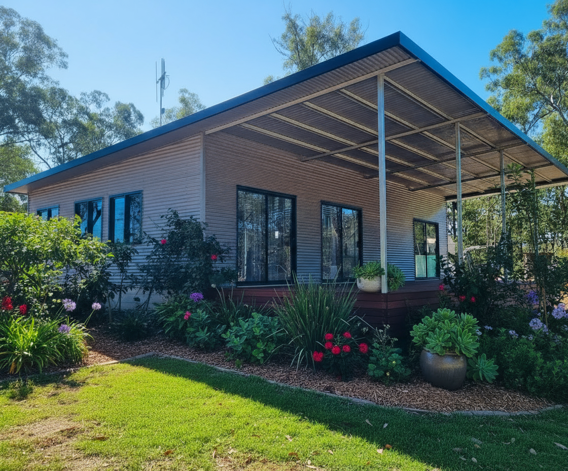 A single-story house with a covered patio and a colorful garden in front — Steel Homes Australia in Branyan, QLD