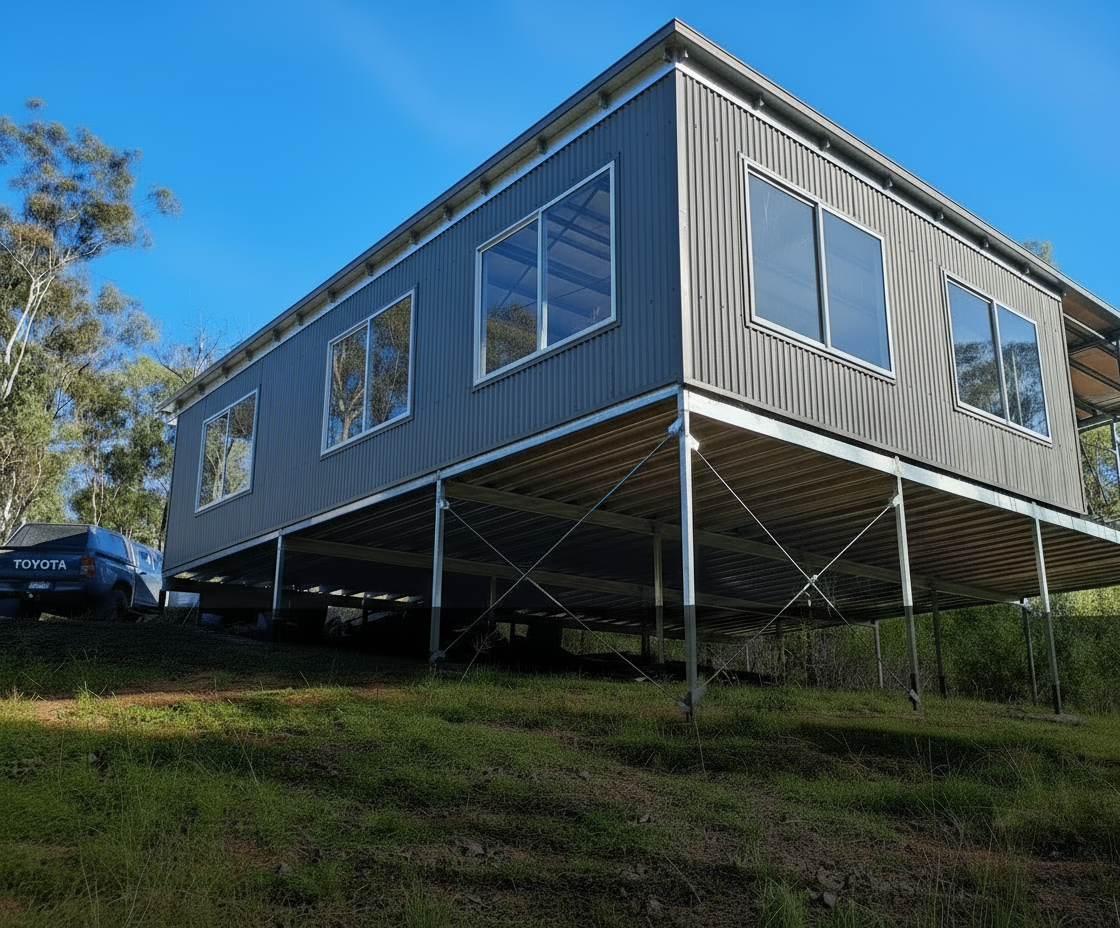 Grey metal home on stilts, with several rectangular windows, set on a grassy hill under a blue sky — Steel Homes Australia in Branyan, QLD