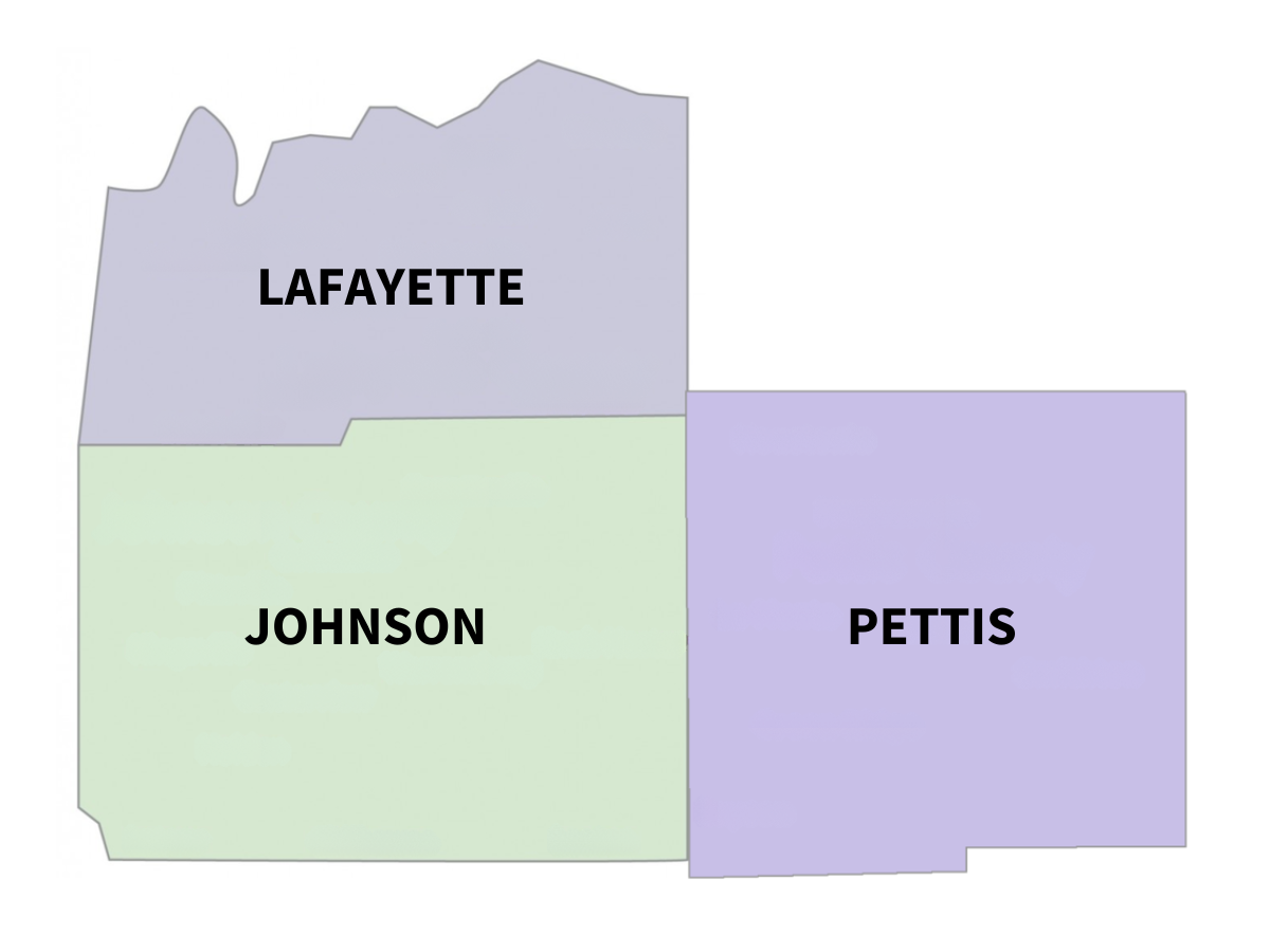 A map of lafayette , johnson , and pettis county.