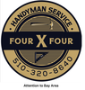 Handyman service logo: gold and navy circle with text, tools, and phone number. "Four X Four." Bay Area.