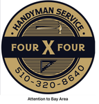 Handyman service logo: gold and navy circle with text, tools, and phone number. "Four X Four." Bay Area.