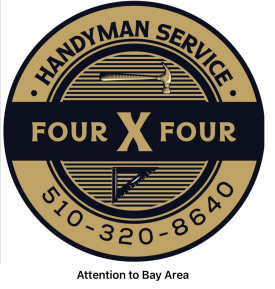 Handyman service logo: gold and navy circle with text, tools, and phone number. "Four X Four." Bay Area.