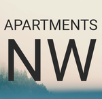 Apartments NW logo with "APARTMENTS" above "NW", over a blurry landscape of trees and water.