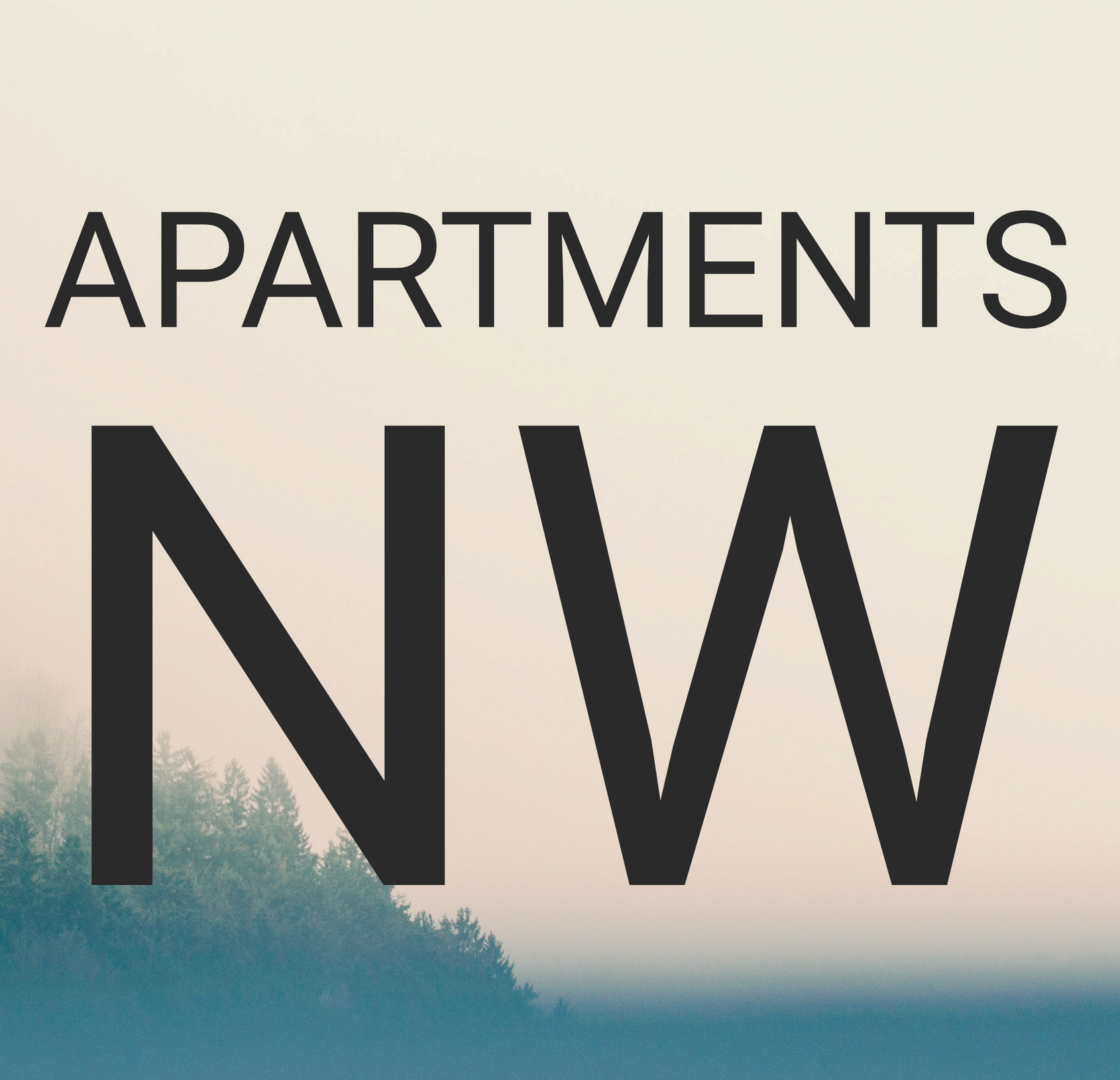 Apartments NW logo with "APARTMENTS" above "NW", over a blurry landscape of trees and water.