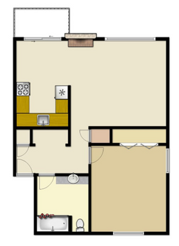 Floor plan of a small apartment with kitchen, bathroom, living area, and balcony.