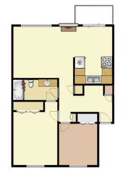 Floor plan of a small apartment with kitchen, bathroom, bedroom, and patio; yellow walls, black outlines.