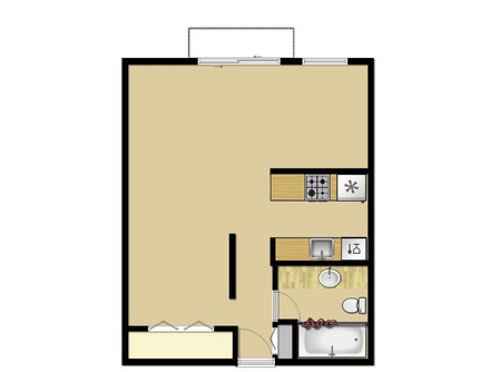 Floor plan of a studio apartment, beige walls, small kitchen with stove, bathroom with tub, and a small closet.