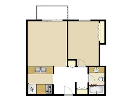 Floor plan of a small apartment: kitchen, bathroom, living area, and balcony.