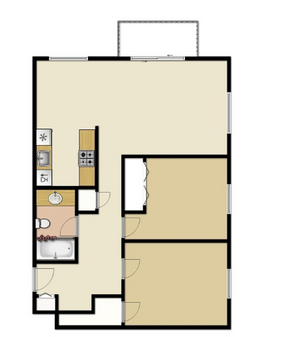 Floor plan of an apartment, beige and white. Includes a kitchen, bathroom, living area, and a balcony.
