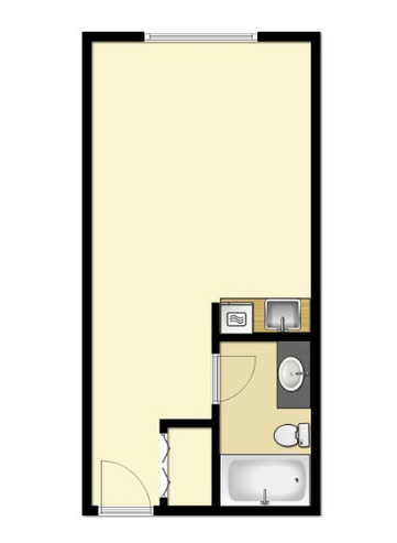 Floor plan of a studio apartment, featuring a bathroom and living space.