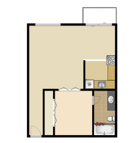 Floor plan of a studio apartment, beige walls, small kitchen and bathroom, and a balcony.