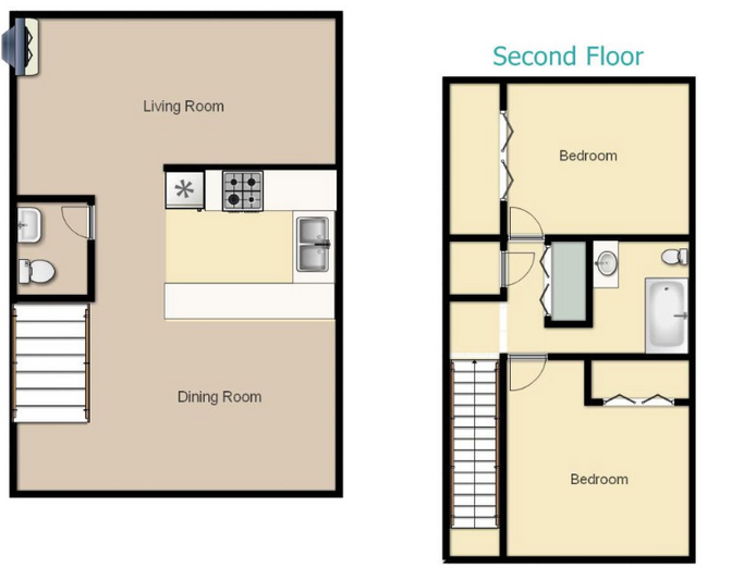 Floor plan: Two-story townhouse with kitchen, living/dining room on first floor; two bedrooms, bathroom on second.